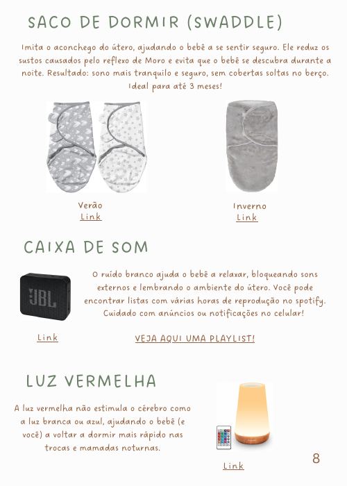 Página do guia sobre sono: swaddle, ruído branco e luz vermelha