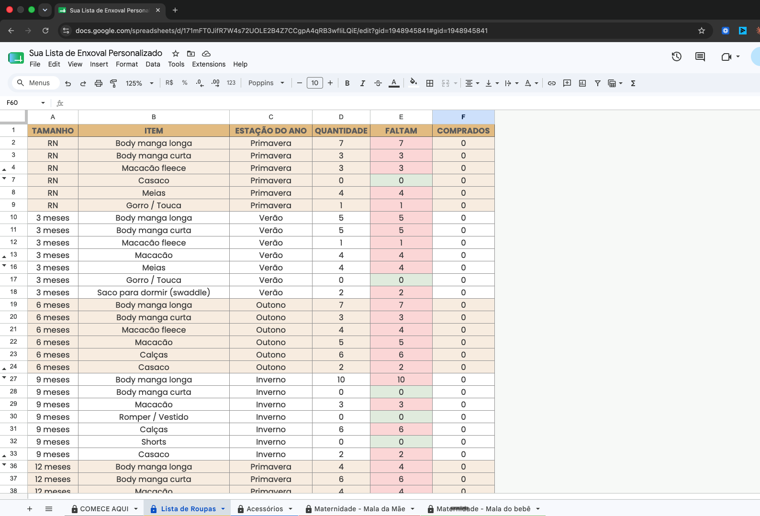Planilha do Enxoval Prático aberta no Google Sheets